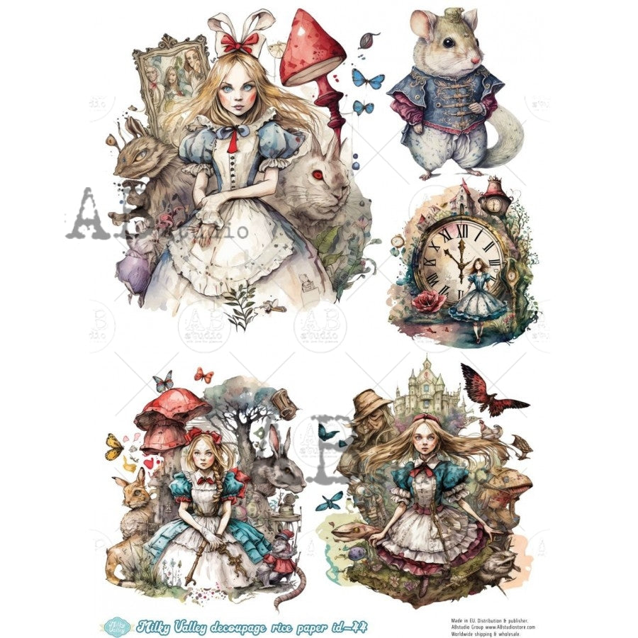 Illustrations of a Alice in a white dress with various animals and objects on a white background.