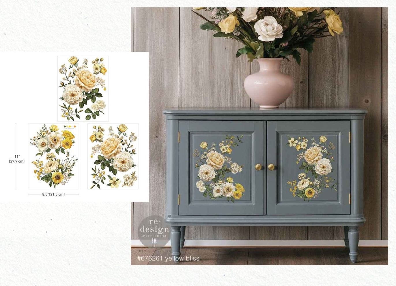 Yellow Bliss - 3 sheets - 21.5cm x 27.9cm each - Redesign Decor Transfer Decal