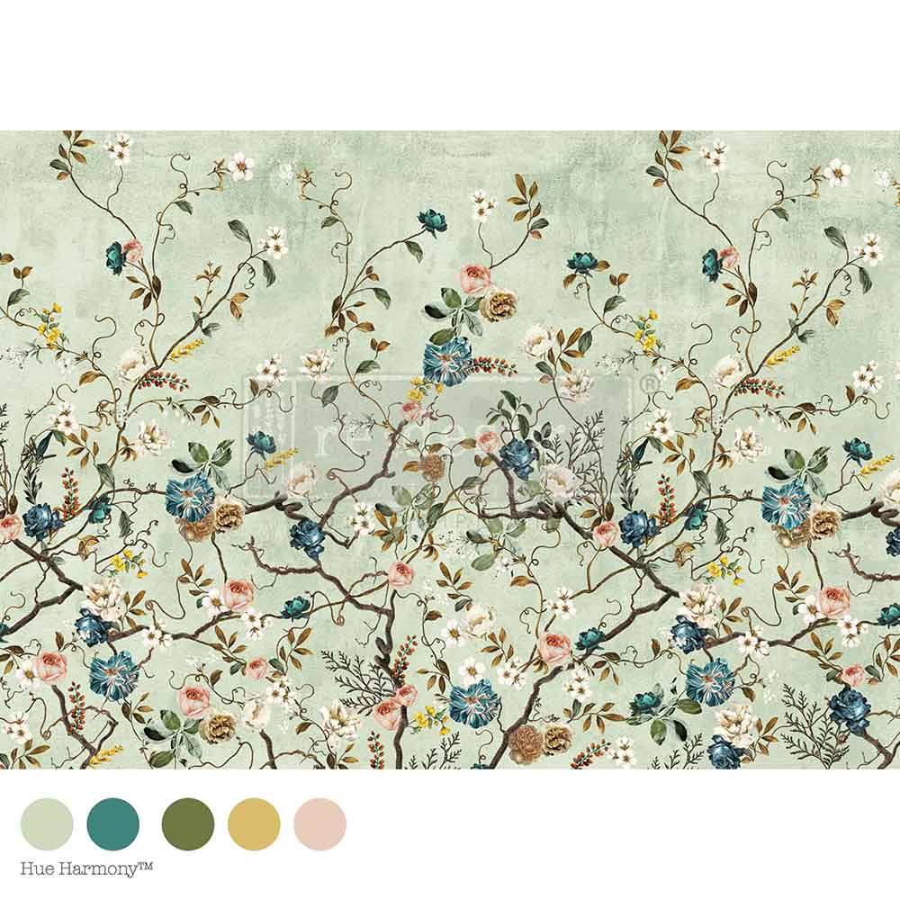 Floral pattern with a color swatch labeled 'Blossom Perch' on a light green background