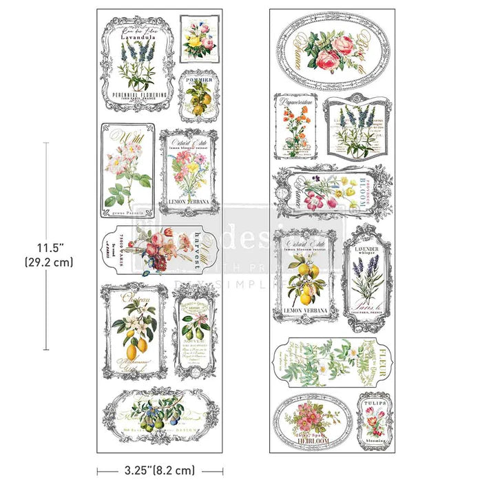 Fleur De Frame luxe transfer by Redesign with Prima. 2 sheets (3.25" x 11.5") with embossed botanical labels & ornate frames. Premium furniture décor.