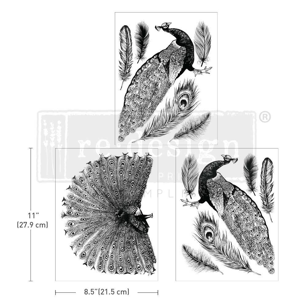 REGAL PEACOCK - 3 sheets - 21.5cm x 27.9cm each - Redesign Decor Transfer Decal