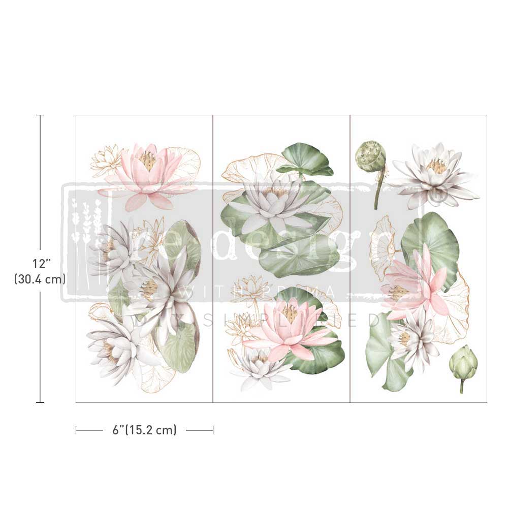 WATER LILIES - 3 sheets - 15cm x 30cm each - Redesign Decor Transfer Decal - Furniture Transfer - Baillea's Interiors -