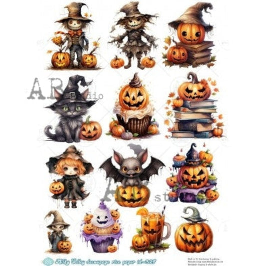 Collection of Halloween-themed illustrations including pumpkins, cats, and ghosts on a white background.
