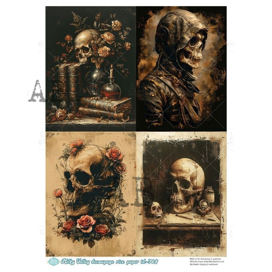 Set of four gothic-themed decoupage papers featuring skulls, flowers, and books.