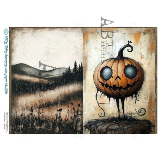 Artistic depiction of a pumpkin with a face on a textured background, featuring the AB Studio logo.