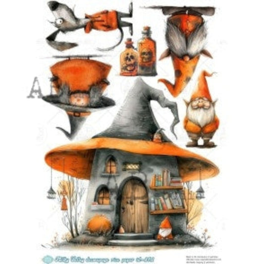 Cartoon-style witch's house with a large orange hat, gnomes, and Halloween-themed decorations on a white background.