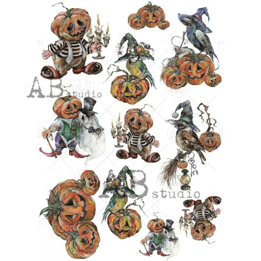 Collection of Halloween-themed illustrations featuring pumpkins and witches on a white background.