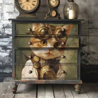 CLOCKWORK KITTY - A1 Fiber Paper for Decoupage - LARGE - 59.4cm x 84.1cm - Re-Design with Prima