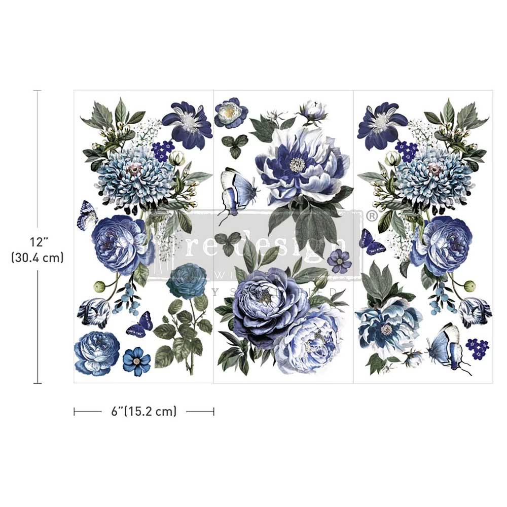 Indigo Petals - 3 sheets - 15cm x 30cm each  - Redesign Decor Transfer Decal 