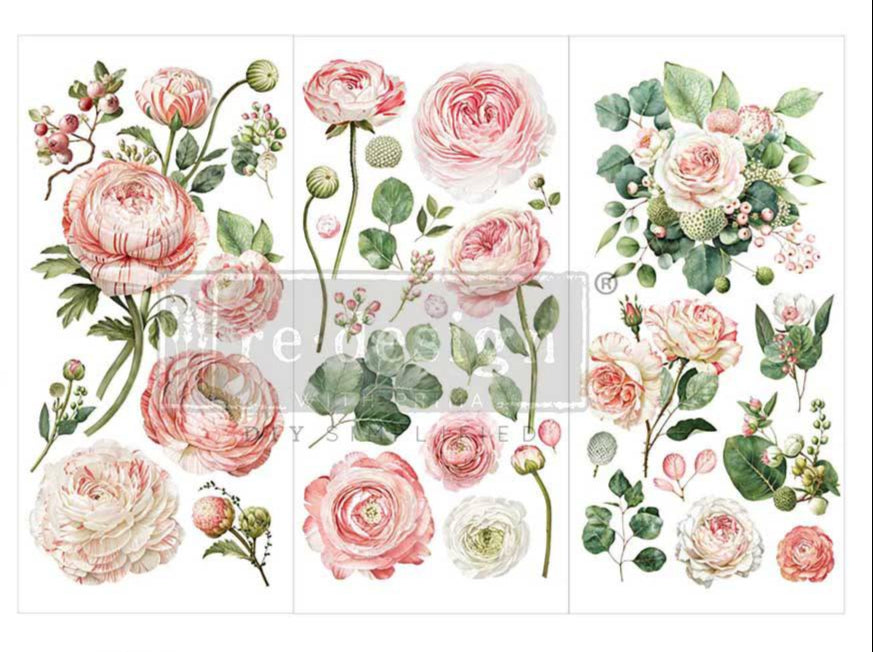 Blushing Blooms - 3 sheets - 15cm x 30cm each  - Redesign Decor Transfer Decal 