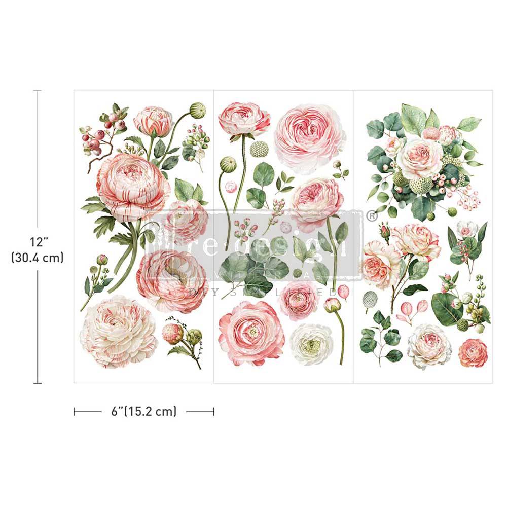 Blushing Blooms - 3 sheets - 15cm x 30cm each  - Redesign Decor Transfer Decal 