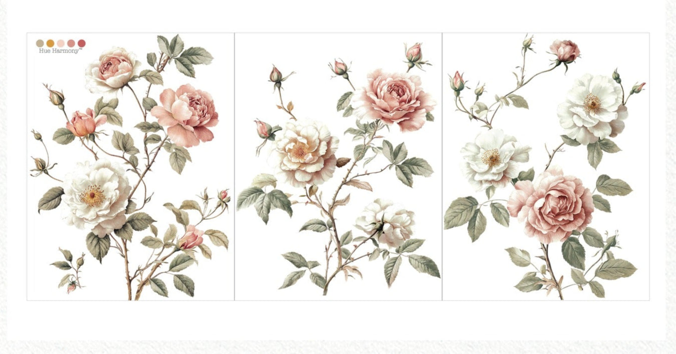 Creamy Blush Blooms - 3 sheets - 21.5cm x 27.9cm each  - Redesign Decor Transfer Decal