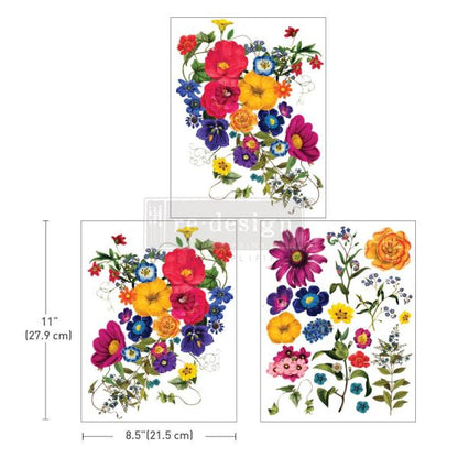FLORAL KISS - 3 sheets - 21.5cm x 27.9cm each - Redesign Decor Transfer Decal