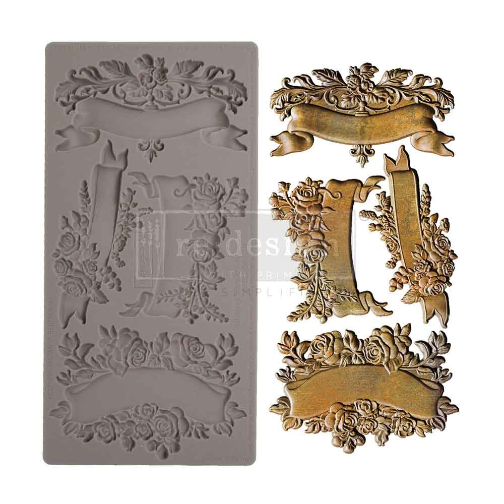 Blooming Banners silicone mould by Redesign with Prima. 5"x10" food-safe for resin, clay, chocolate & crafts. Scrolls & acanthus leaves. UK stockist.