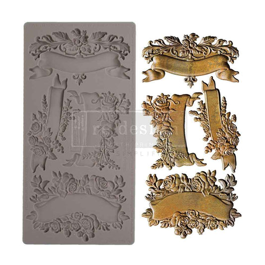 Blooming Banners silicone mould by Redesign with Prima. 5"x10" food-safe for resin, clay, chocolate & crafts. Scrolls & acanthus leaves. UK stockist.