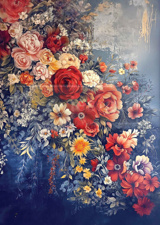 Colorful floral arrangement on a textured blue background