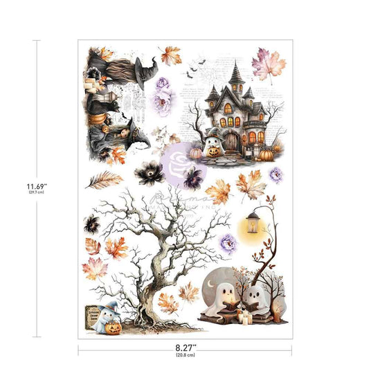 Halloween-themed decorative paper with haunted house, ghosts, and pumpkins on a white background.
