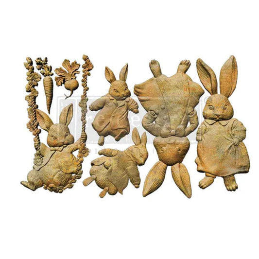 Bunny Trail Tales silicone mould by Redesign with Prima. 5" x 8" with vintage rabbits & spring scenes. Food-safe for resin, clay, chocolate & crafts.