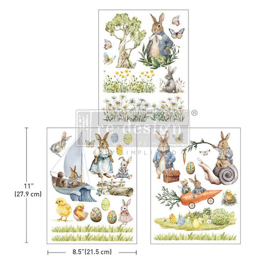 Bunny Trails - 3 sheets - 21.5cm x 27.9cm each  - Redesign Decor Transfer Decal