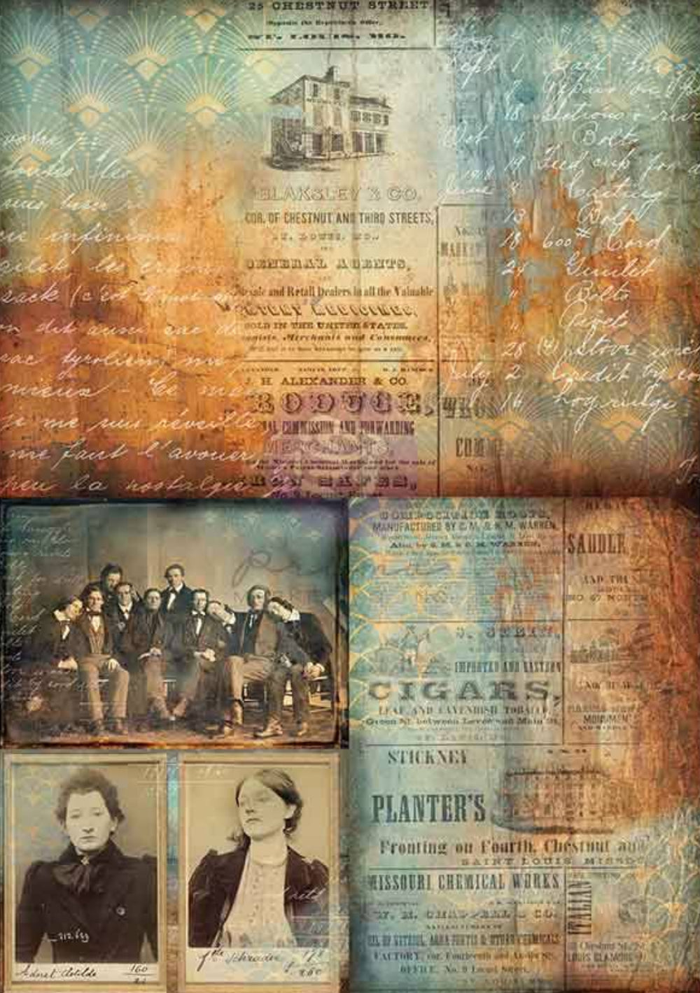 Vintage-style collage with historical images and text, featuring dimensions on a white background.