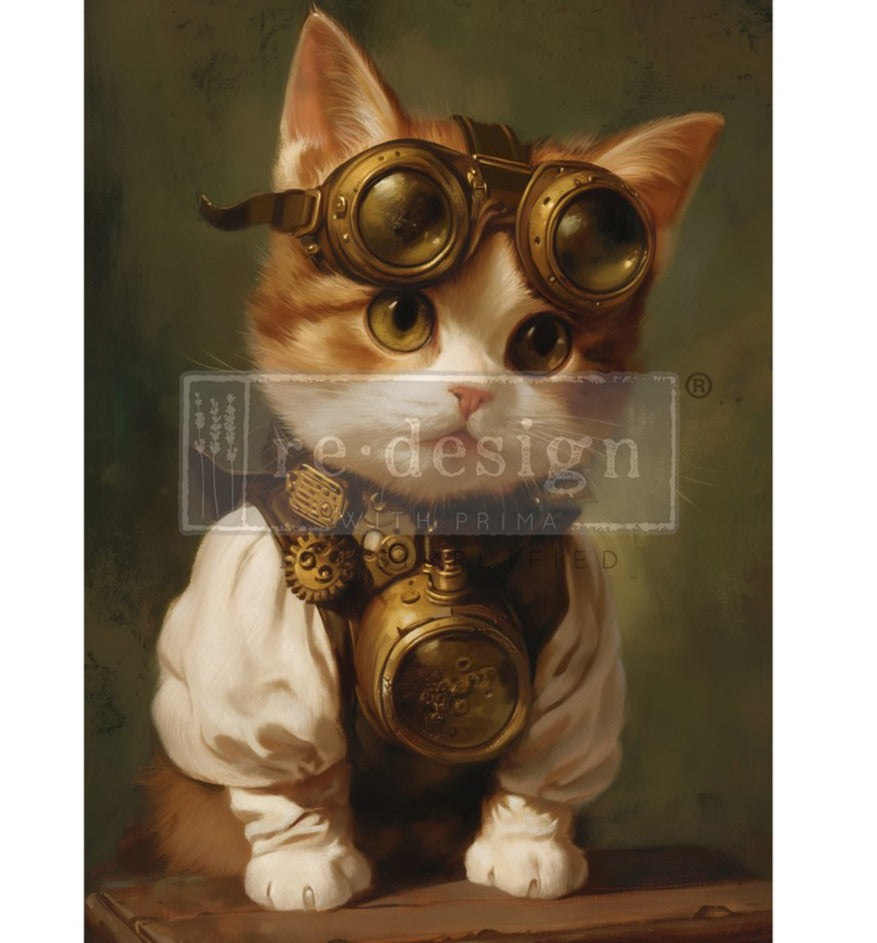 CLOCKWORK KITTY - A1 Fiber Paper for Decoupage - LARGE - 59.4cm x 84.1cm - Re-Design with Prima