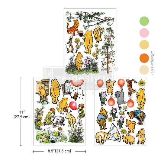 Mapleberry Glen furniture transfer by Redesign with Prima. 3 sheets (8.5" x 11" each) featuring forest animals & whimsical woodland scenes in vintage sketch style based on Winnie the Pooh. Perfect for nursery furniture, children's pieces & mixed-media projects. UK stockist.