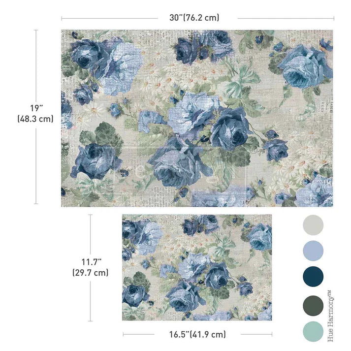 Meadow Melodies decoupage fibre paper by Redesign with Prima. 2 sheets with vintage florals in soft blues & greens. Perfect for furniture upcycling.