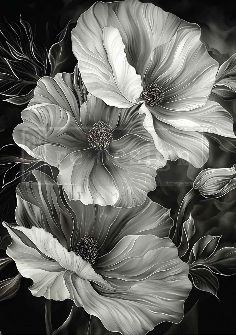 Black and white floral design with detailed petals and leaves on a dark background