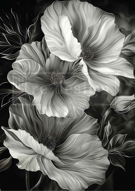 Black and white floral design with detailed petals and leaves on a dark background