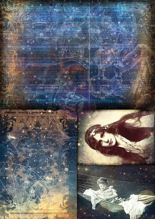 Collage of celestial designs and vintage-style portraits with measurements indicated.