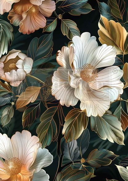 Pattern of large flowers and leaves on a dark background