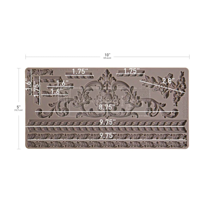 Decorative rectangular mold with intricate patterns and measurements on a white background