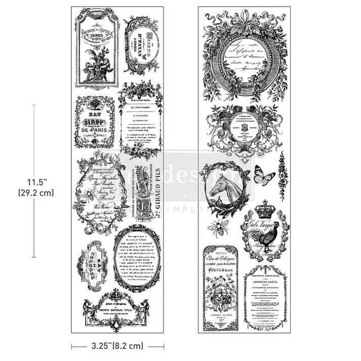 Romance En Fleur luxe transfer by Redesign with Prima. 2 sheets (3.25" x 11.5") with embossed French labels & botanical crests. Premium furniture décor.