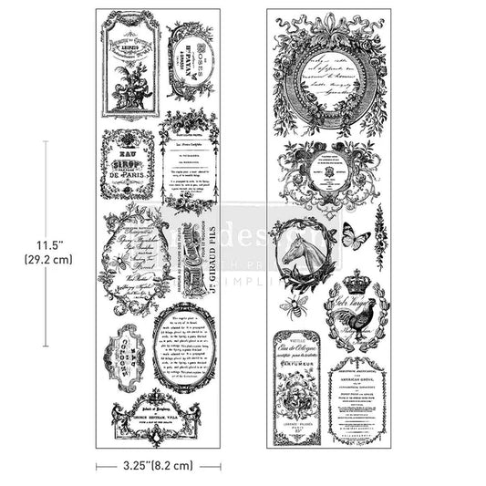 Romance En Fleur luxe transfer by Redesign with Prima. 2 sheets (3.25" x 11.5") with embossed French labels & botanical crests. Premium furniture décor.