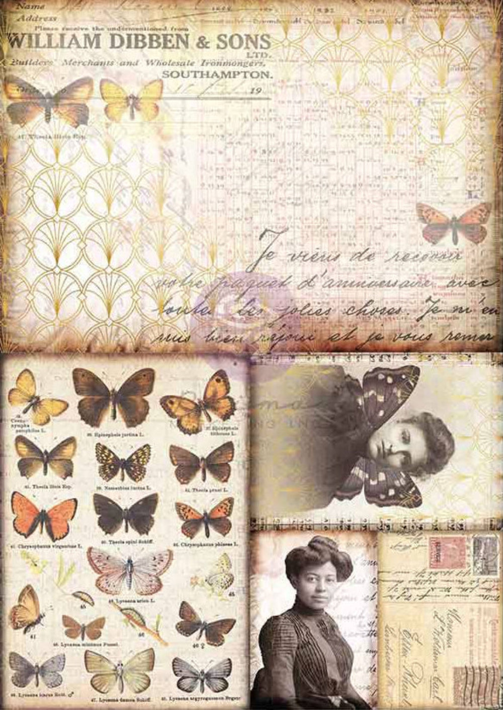 Decorative paper with butterfly illustrations and vintage text on a white background