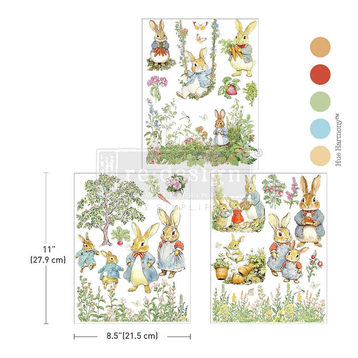 The Cottontail Diaries furniture transfer by Redesign with Prima. 3 sheets (8.5" x 11" each) featuring whimsical rabbits, garden scenes & wildflowers. Perfect for nursery furniture, children's pieces & seasonal projects. UK stockist.