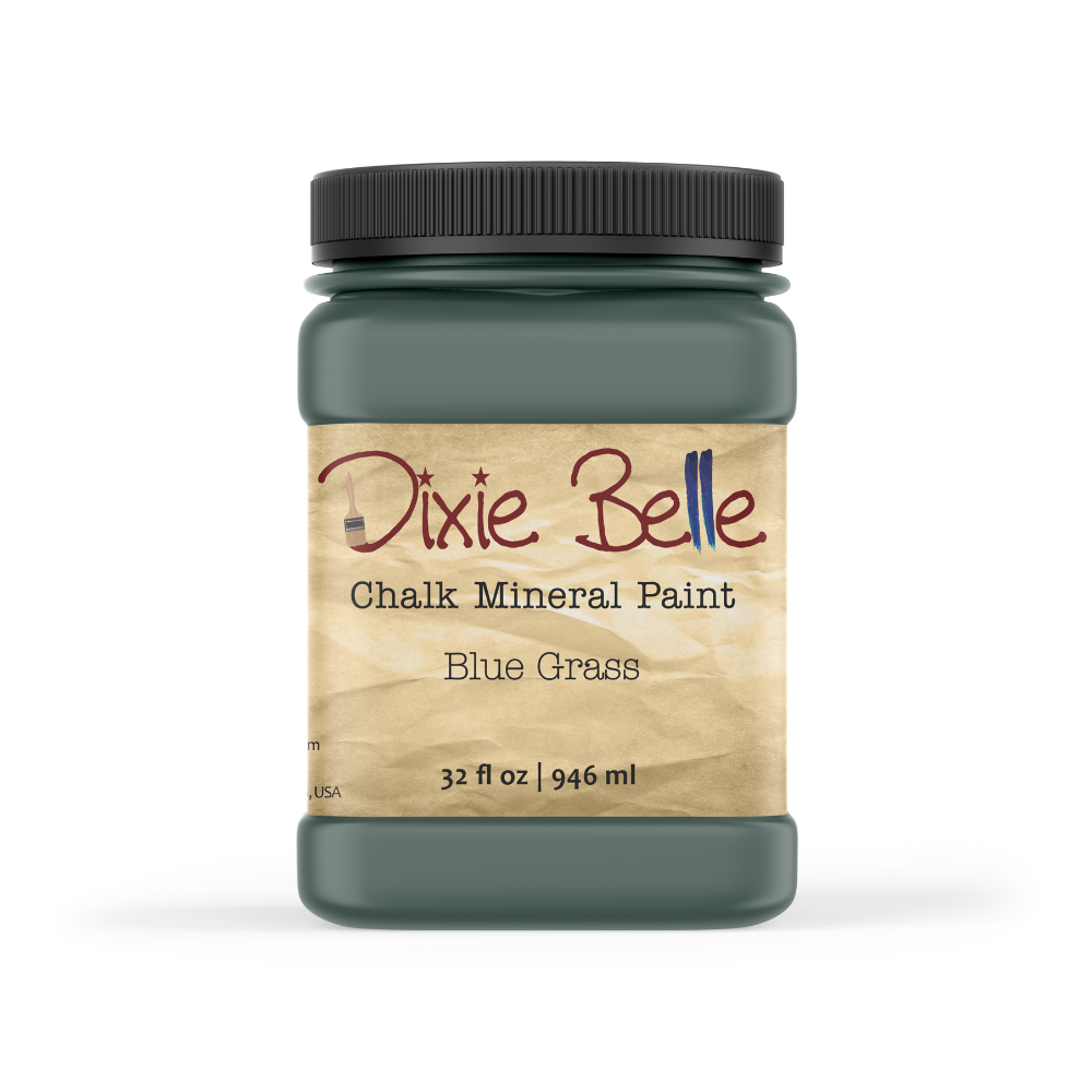 Jar of Dixie Belle Chalk Mineral Paint in Blue Grass color on a white background