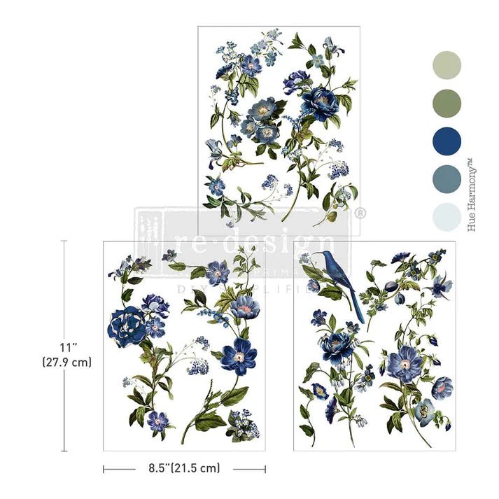 Blue Nest Blooms - 3 sheets - 21.5cm x 27.9cm each - Redesign with Prima Decor Transfer Decal - Furniture Transfer - Baillea's Interiors -