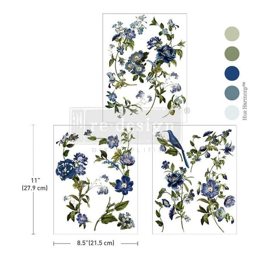 Blue Nest Blooms - 3 sheets - 21.5cm x 27.9cm each - Redesign with Prima Decor Transfer Decal - Furniture Transfer - Baillea's Interiors -