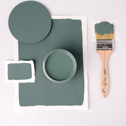 Muted teal chalk mineral paint by Dixie Belle. Water-based, low VOC. Perfect for furniture upcycling