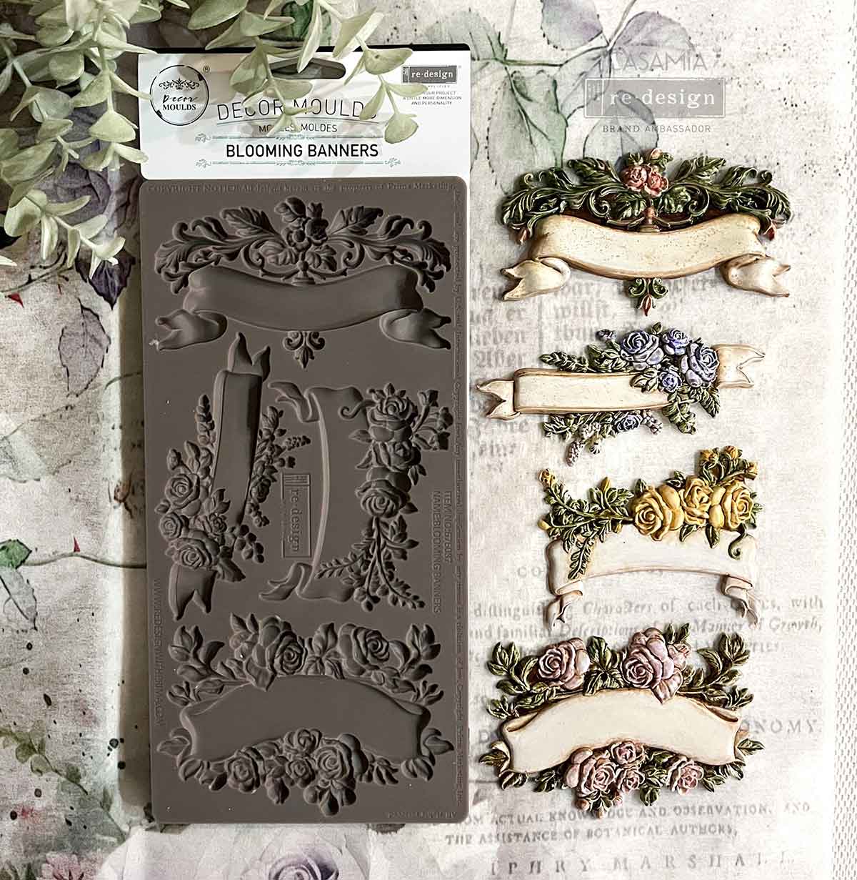 Blooming Banners silicone mould by Redesign with Prima. 5"x10" food-safe for resin, clay, chocolate & crafts. Scrolls & acanthus leaves. UK stockist.