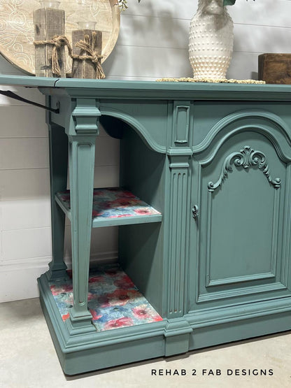 Muted teal chalk mineral paint by Dixie Belle. Water-based, low VOC. Perfect for furniture upcycling