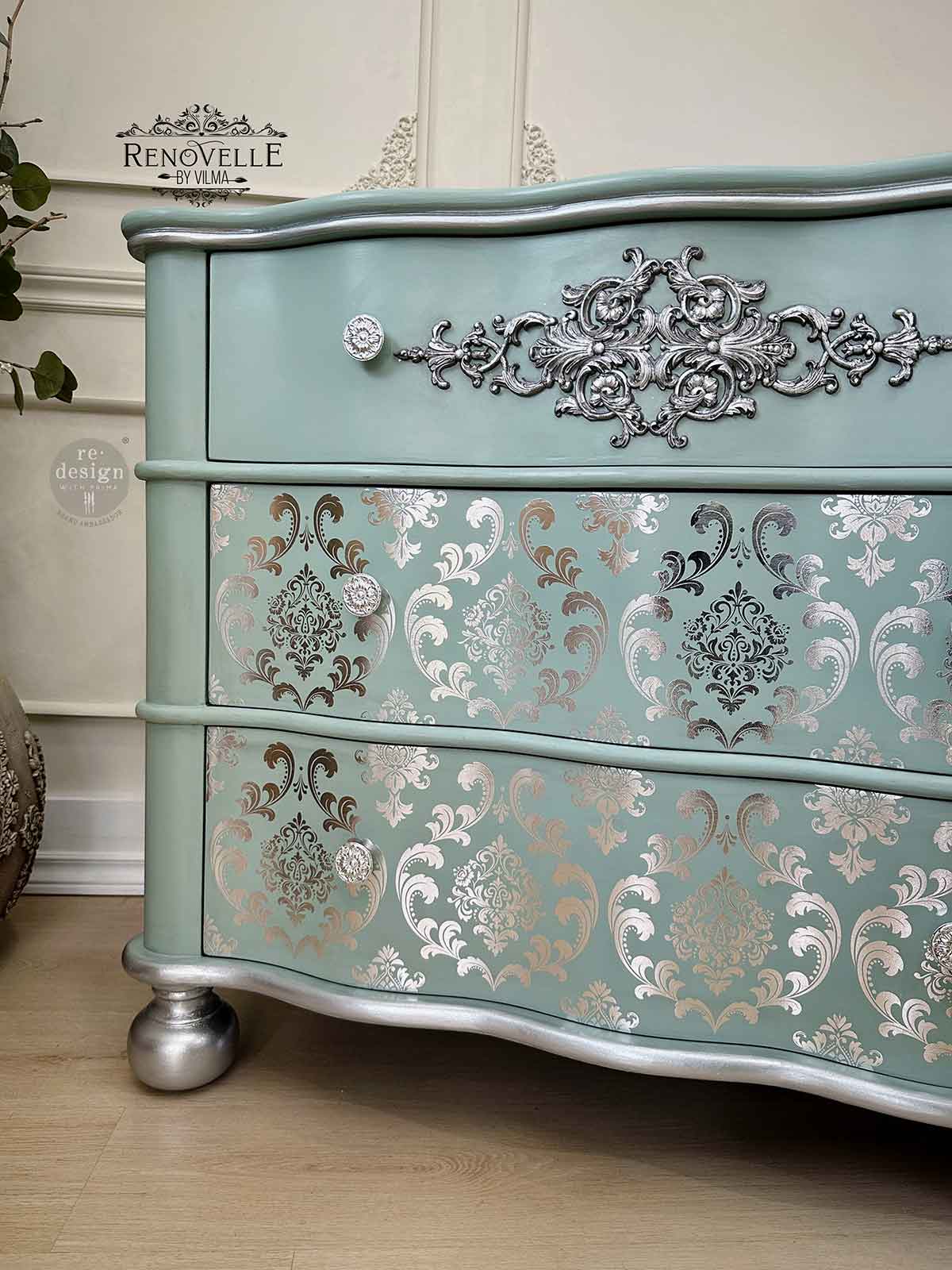 KACHA Silver House Of Damask - 18" x 24" - Redesign Decor Transfer Decal - Furniture Transfer - Baillea's Interiors -
