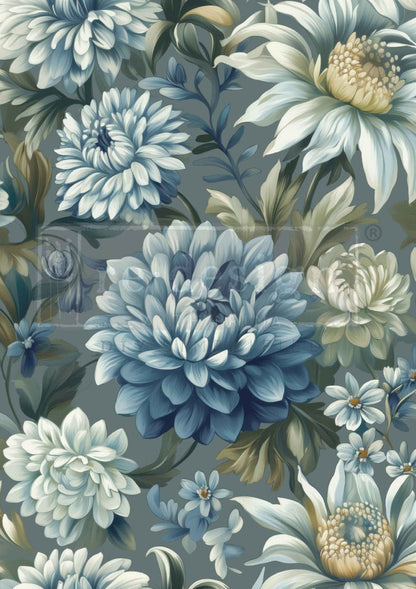 Mystic Blue Florals - Limited Edition - A1 Decoupage Paper - Reversible - Decoupage - Baillea's Interiors -