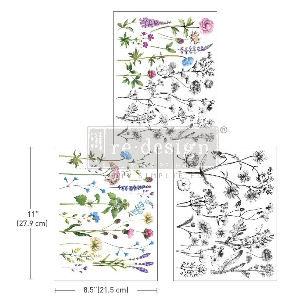 TINY FLOWERS - 3 sheets - 21.5cm x 27.9cm each - Redesign Decor Transfer Decal - Furniture Transfer - Baillea's Interiors -
