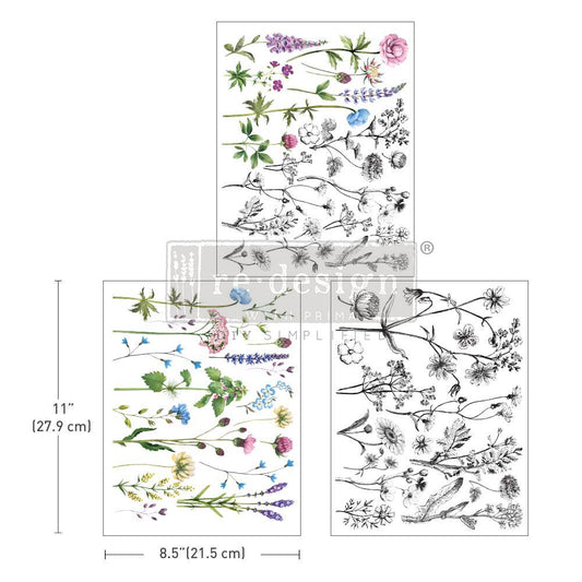 TINY FLOWERS - 3 sheets - 21.5cm x 27.9cm each - Redesign Decor Transfer Decal