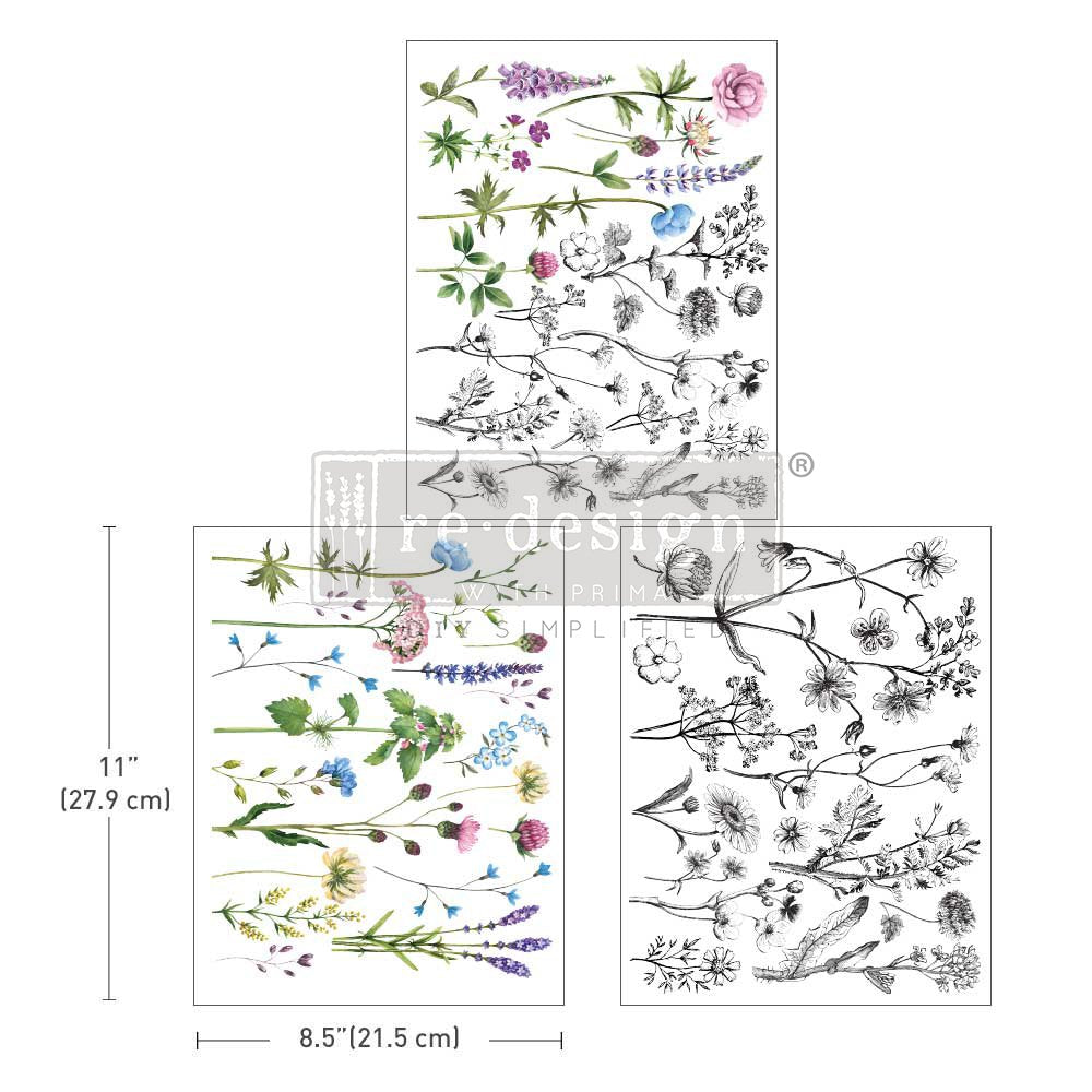TINY FLOWERS - 3 sheets - 21.5cm x 27.9cm each - Redesign Decor Transfer Decal