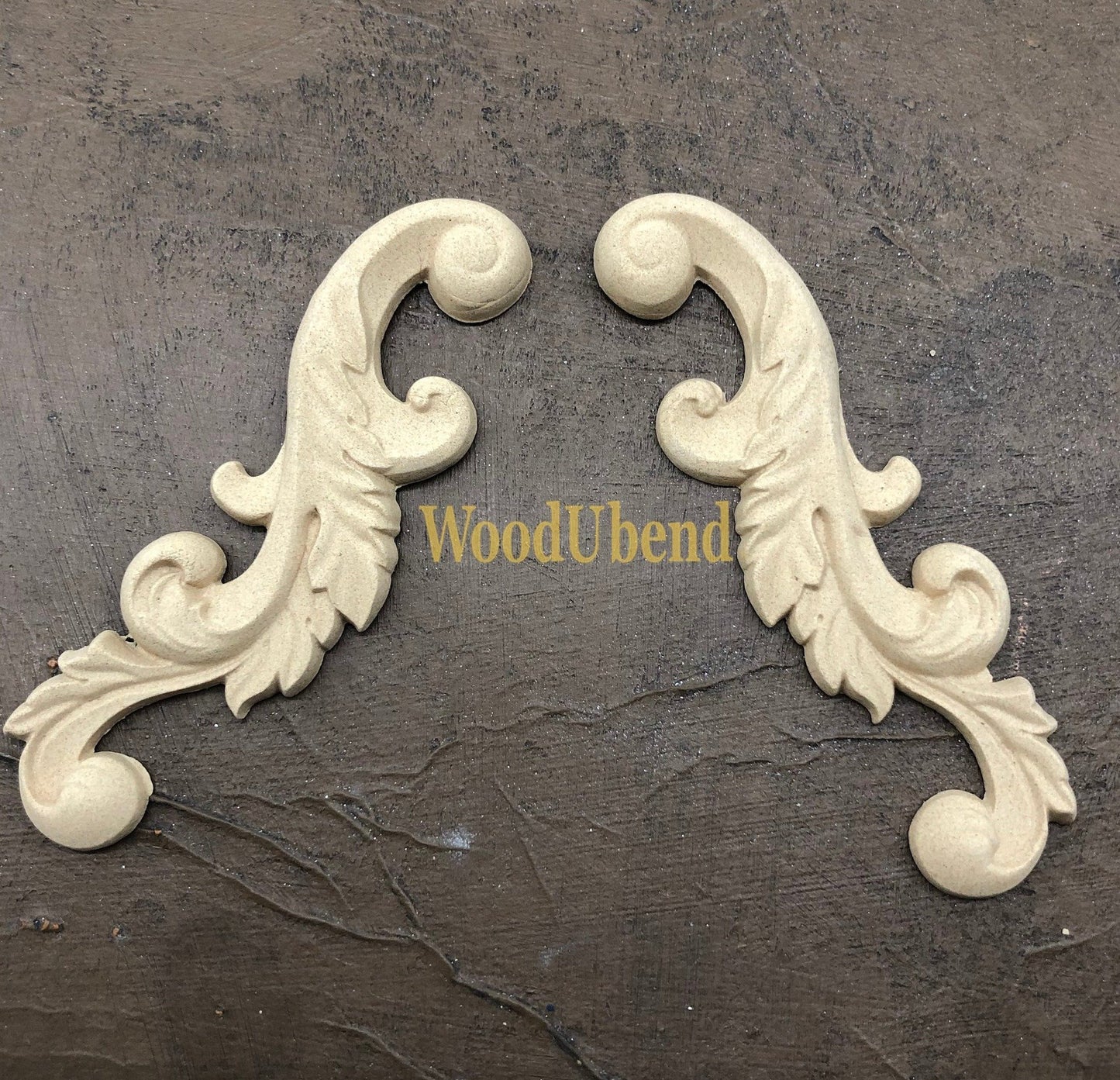 PAIR LEAFY SCROLLS 11 x 11 cms Decorative Antique Moulding Applique WoodUbend #2437