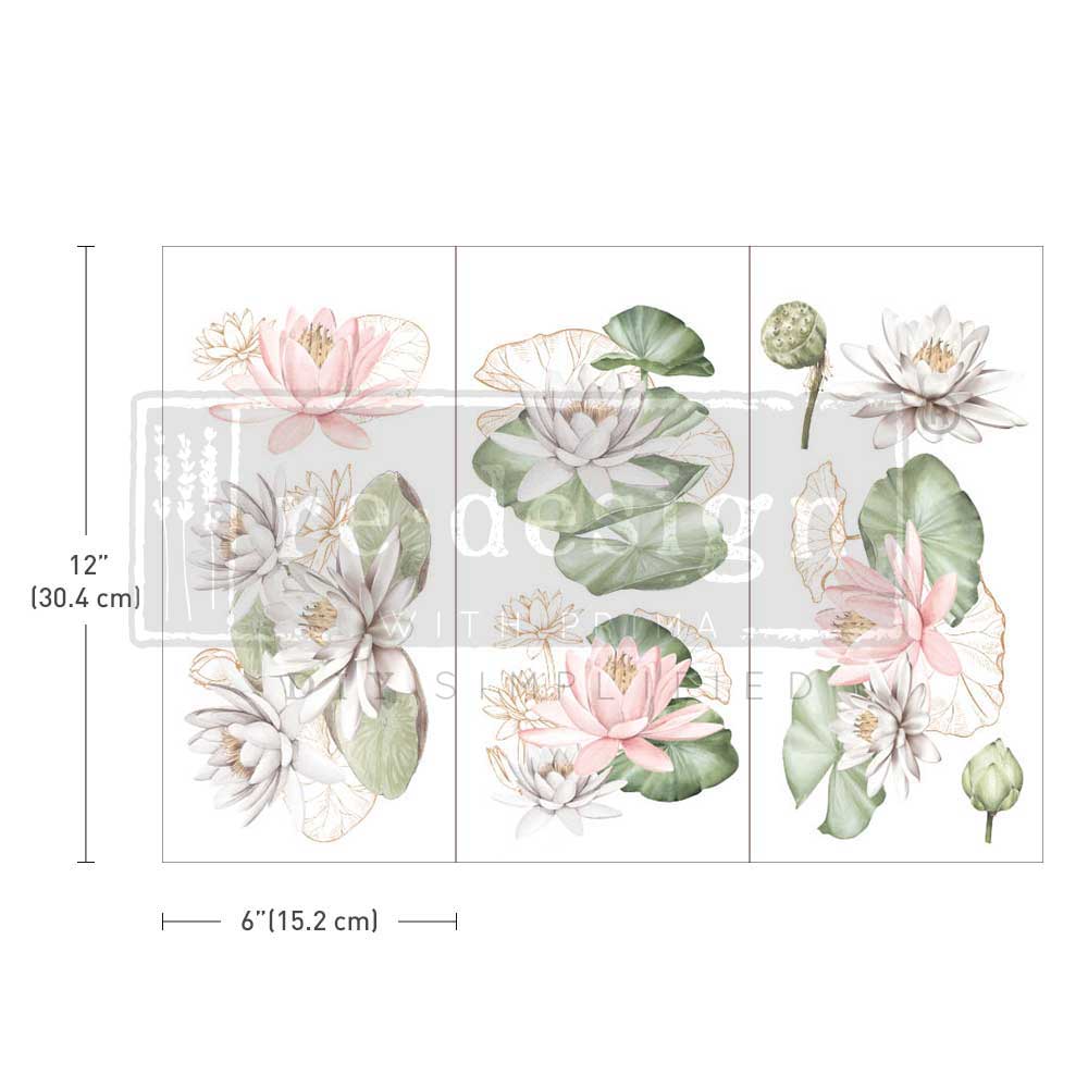 WATER LILIES - 3 sheets - 15cm x 30cm each - Redesign Decor Transfer Decal