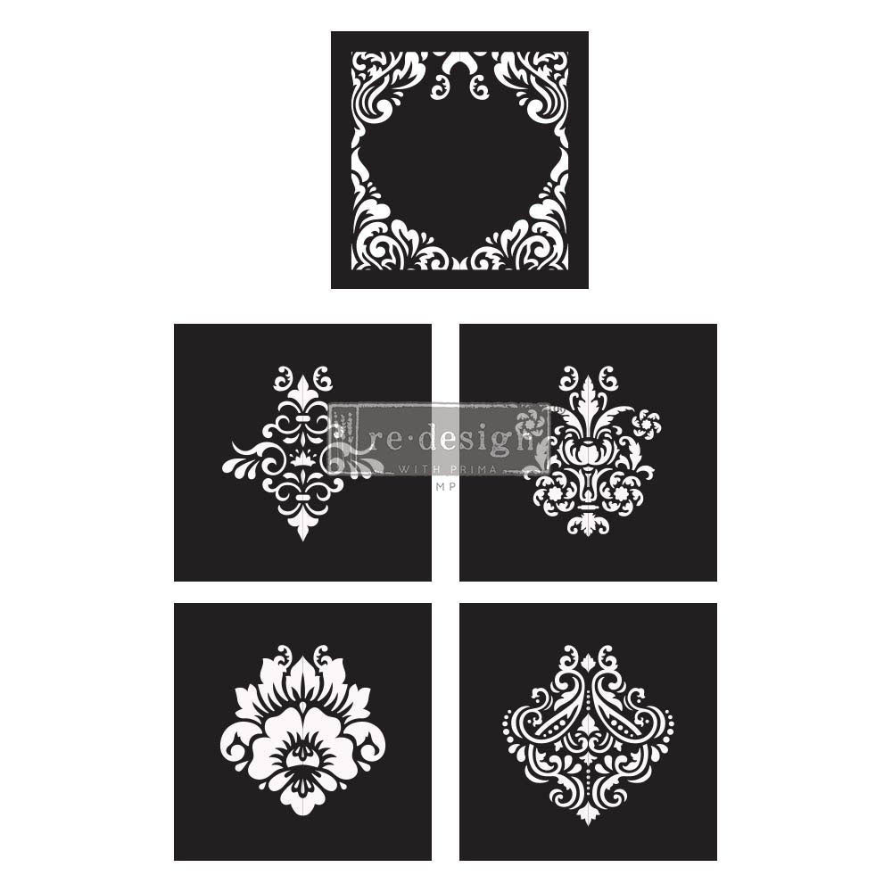 DAMASK ELEMENT - 5 Part Decor Stencils 30.5cm x 30.5cm each by ReDesign with Prima - Stencil - Baillea's Interiors -